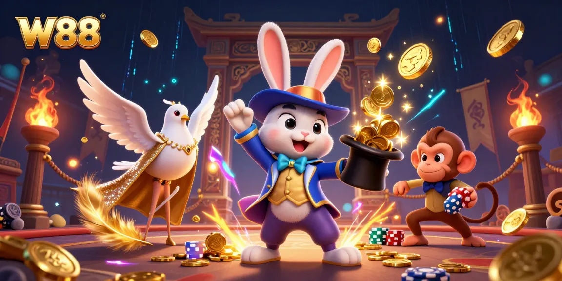 W88's thrilling 3D casino scene with a magician rabbit, assistant dove, and monkey pickpocketing chips.