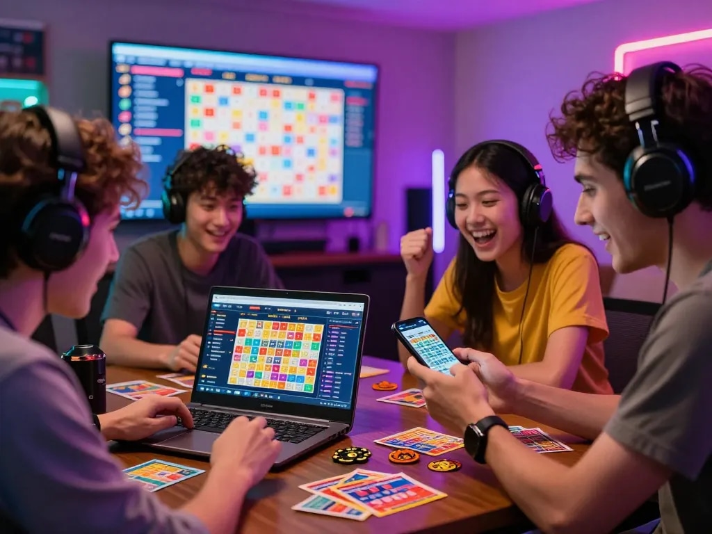 Engaged friends enjoying lottery betting at https://significance.uk.com/ with smartphones and vibrant atmosphere.