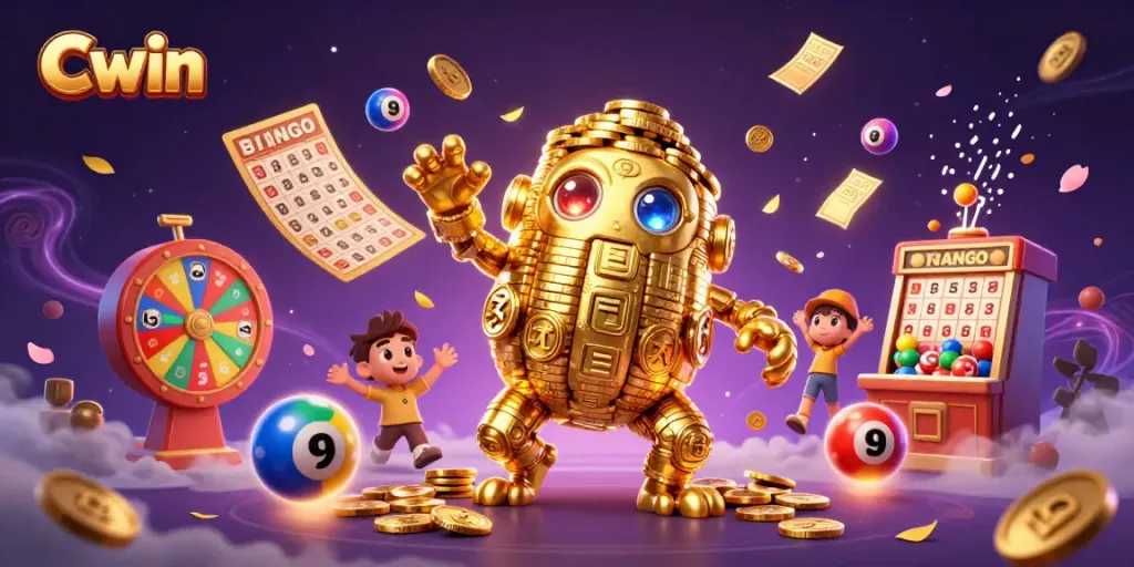 Cwin players engage with a vibrant carnival-like lottery scene filled with colorful balls and golden elements.
