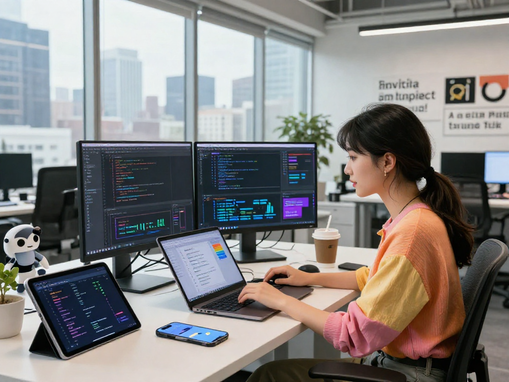 Workspace of a developer showcasing ai nsfw algorithms in a lively office with tech gadgets and vibrant atmosphere.