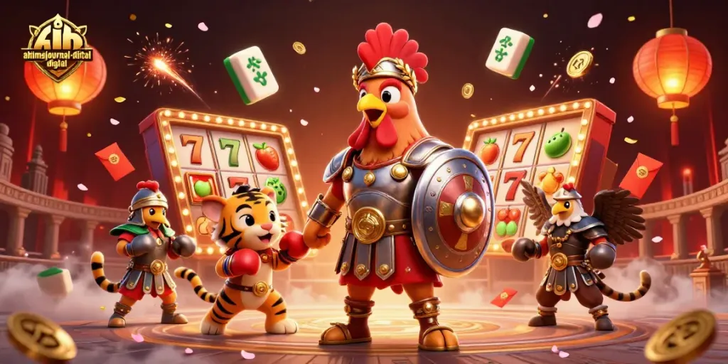 Experience exciting gameplay with ahimajournal-digital's vibrant casino scene featuring a rooster gladiator.