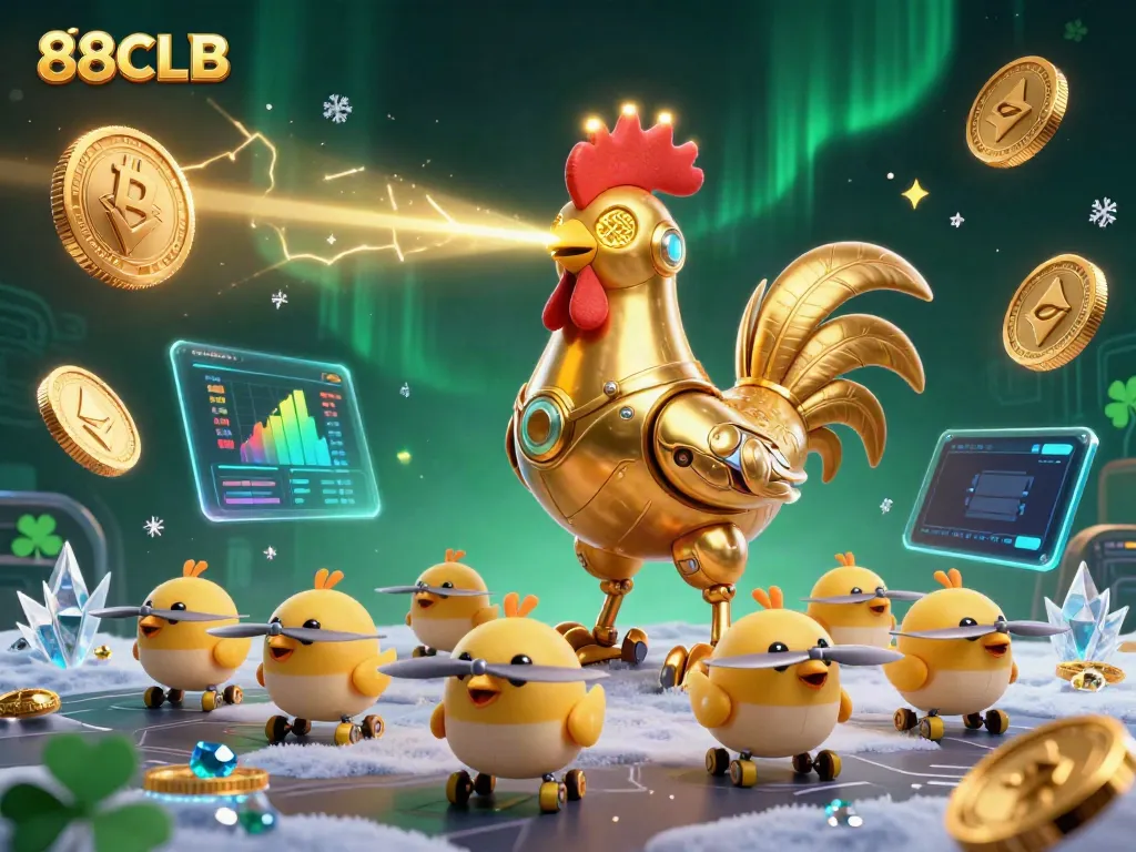 Engage with 88CLB in an exciting crypto casino adventure featuring a golden rooster robot and flying drone chicks.