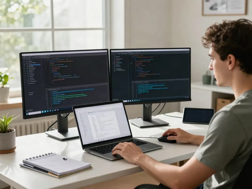 Instant indexing setup in a modern software development workspace with dual monitors and coding activity.