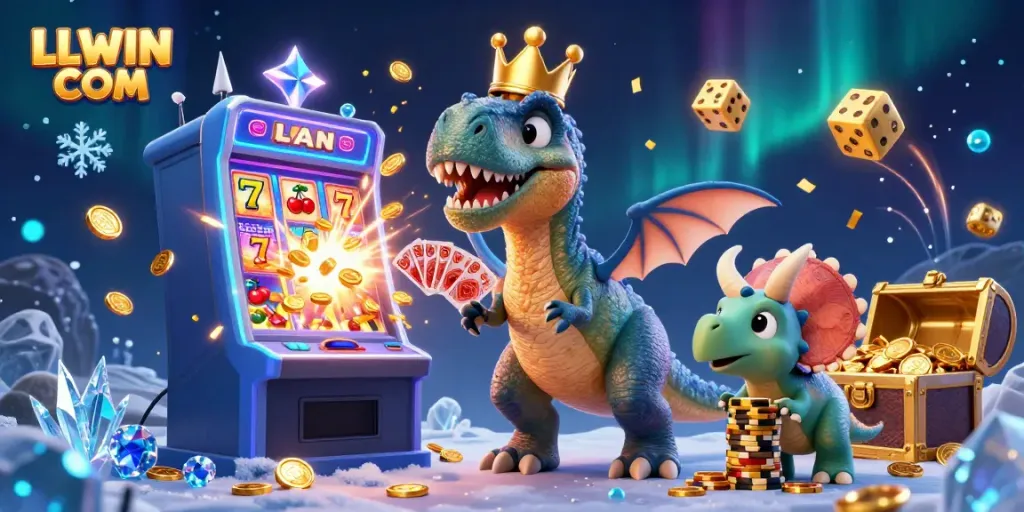 Experience LLWIN COM's vibrant casino world with a T-Rex shuffling cards, surrounded by dynamic gaming elements.