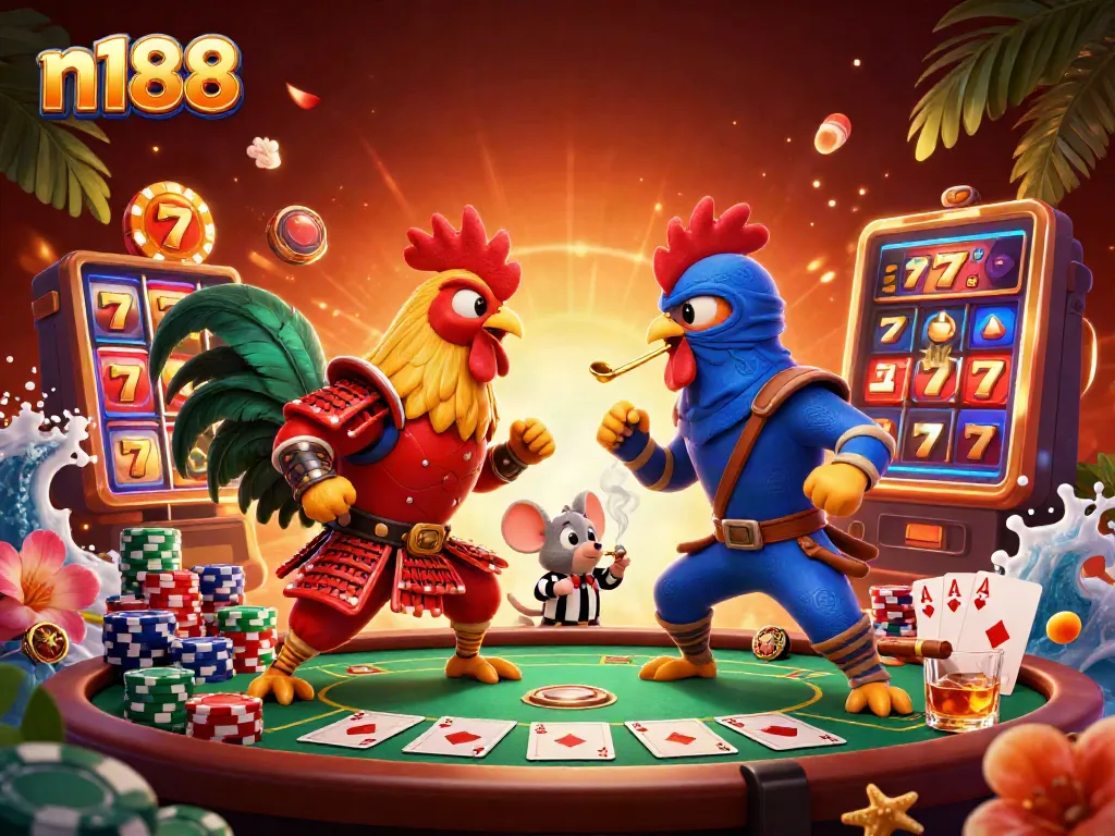 Engage in thrilling n188 gaming with 3D fighting roosters and vibrant casino elements.