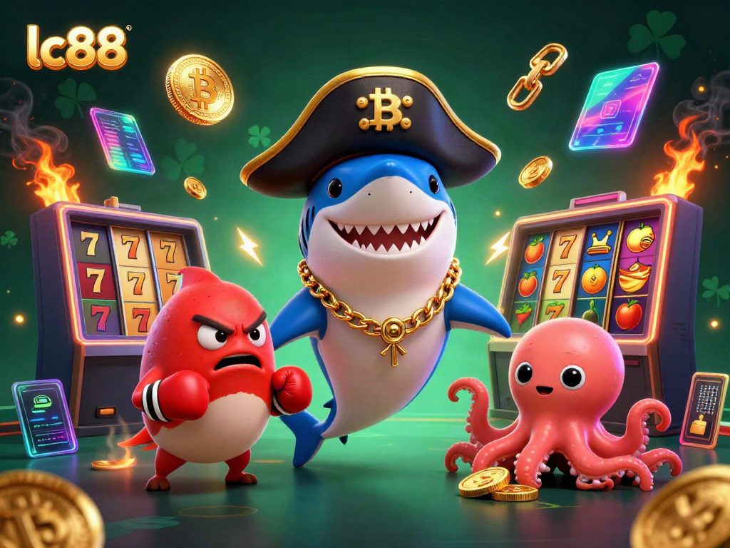 Spin to win with lc88's lively casino scene featuring a pirate shark, pufferfish, and octopus.