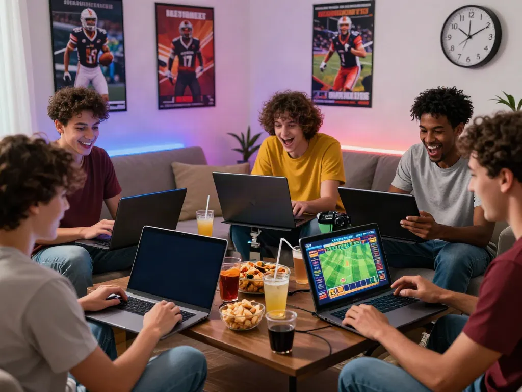 Friends enjoying online gaming at https://9bet.ru.com/ with sports betting excitement in a lively setting.