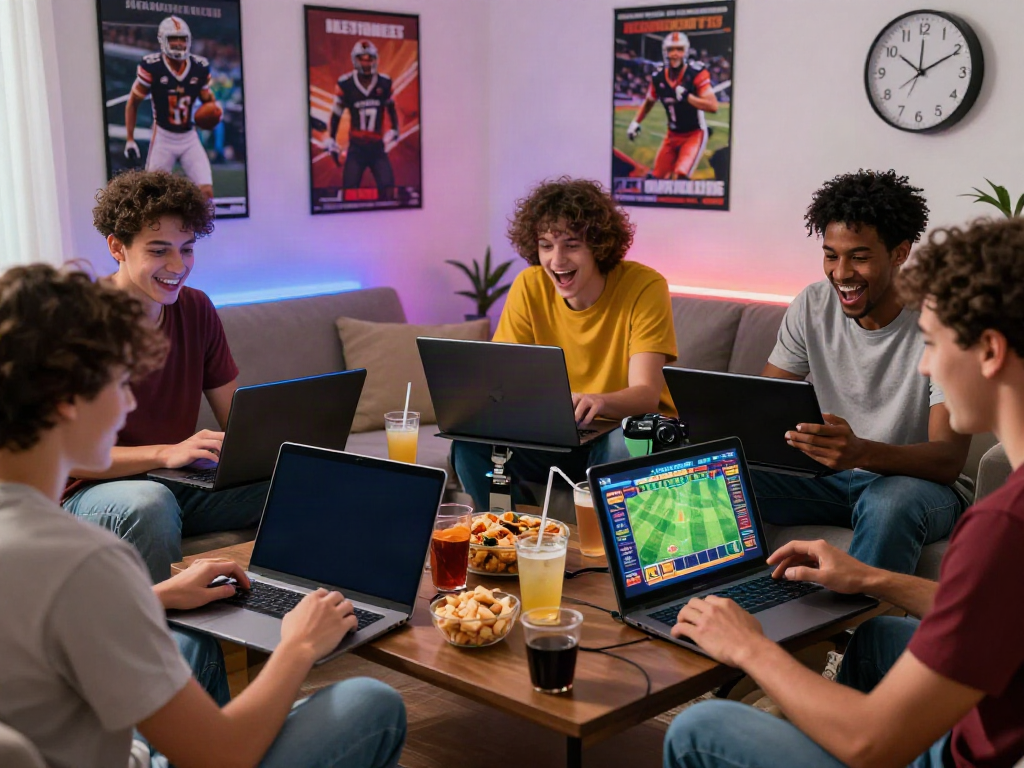 Friends enjoying online gaming at https://9bet.ru.com/ with sports betting excitement in a lively setting.