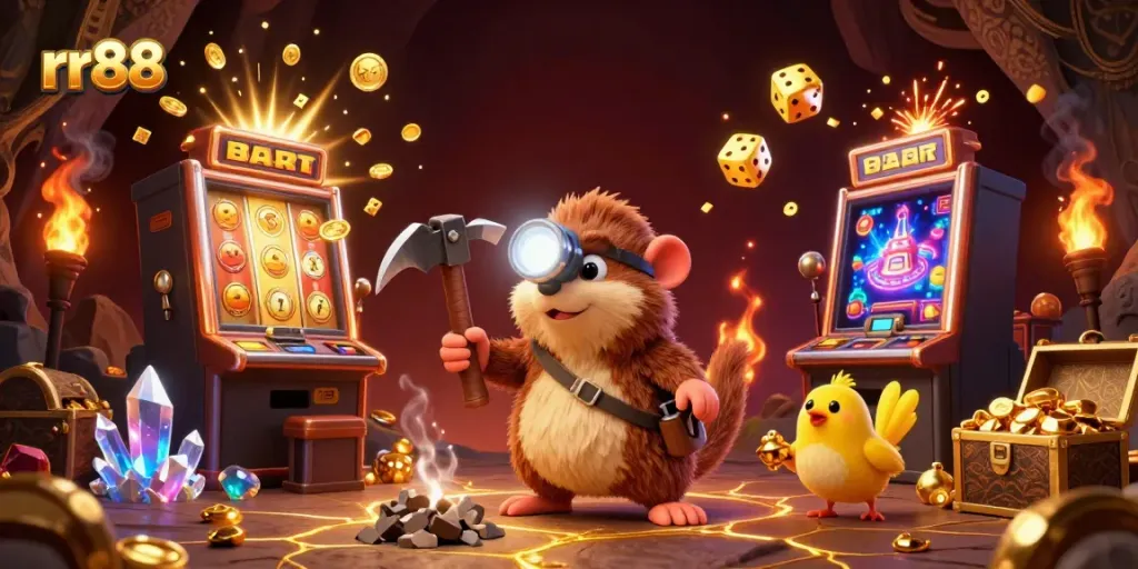 Experience thrilling gaming action with rr88 in this vibrant 3D casino scene featuring jackpot-winning treasures.