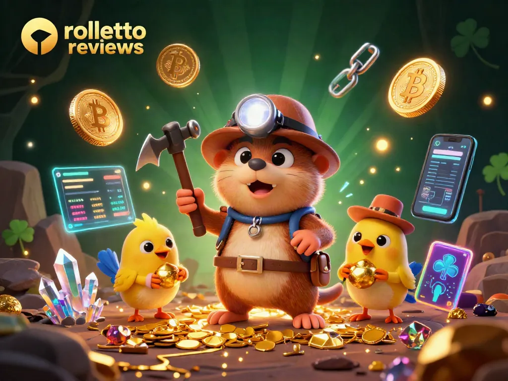 Unveil rolletto reviews: Explore gambling treasures with a cartoon mole and crypto coins in a dazzling 3D environment.