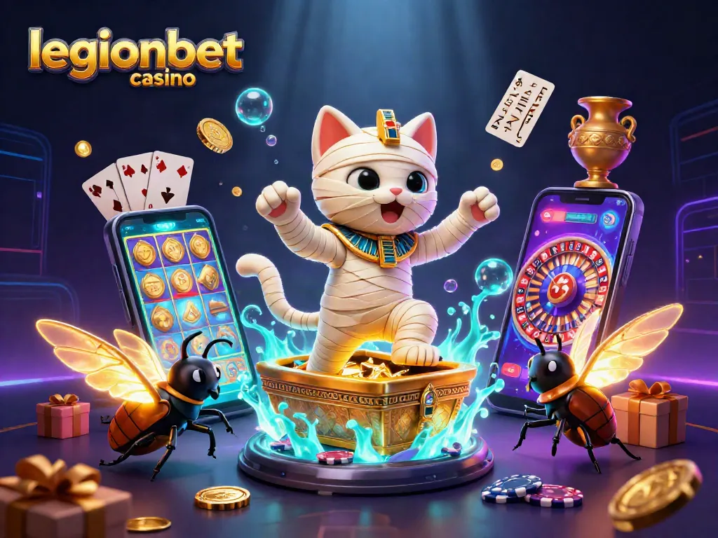 Experience thrilling gaming at legionbet casino with an enchanting Egyptian mummy cat and scarab beetle.