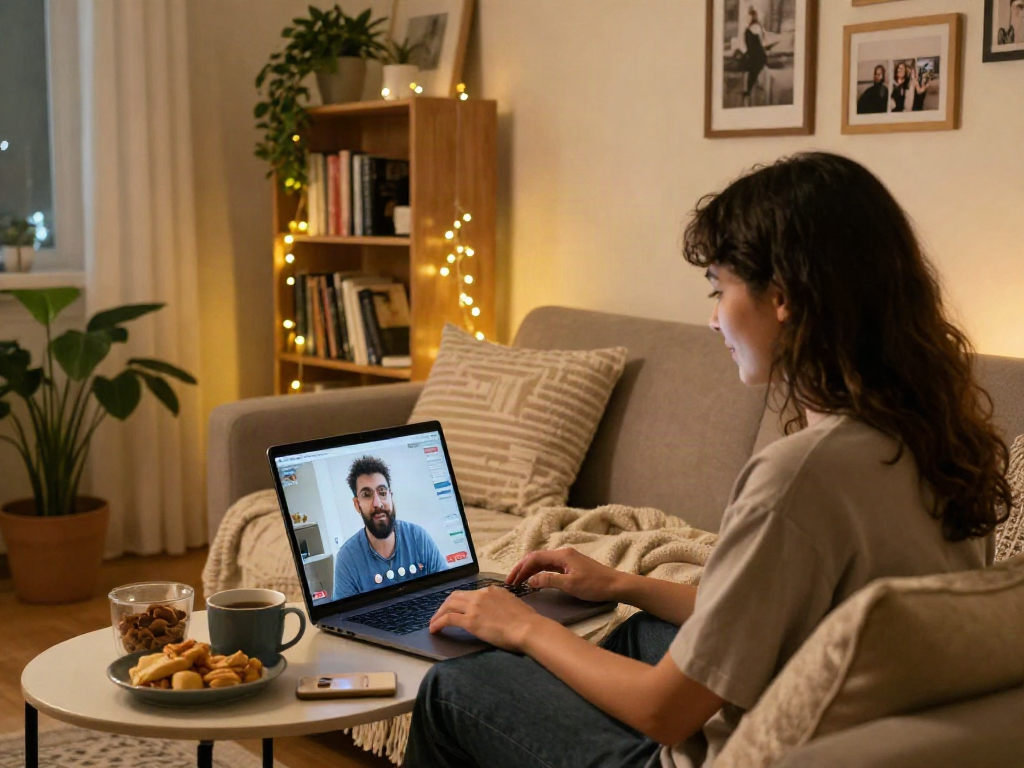 Engaging in a friendly porn ai chat on a laptop in a cozy living room
