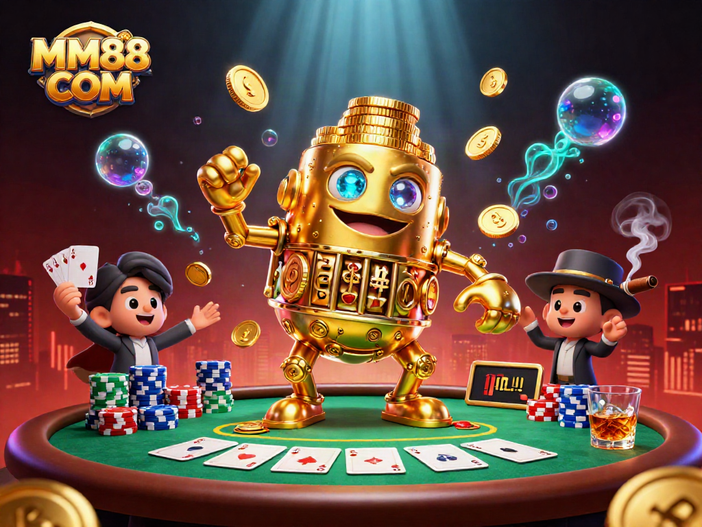 Engage with MM88 COM's vibrant casino scene featuring a golden golem, poker elements, and more.