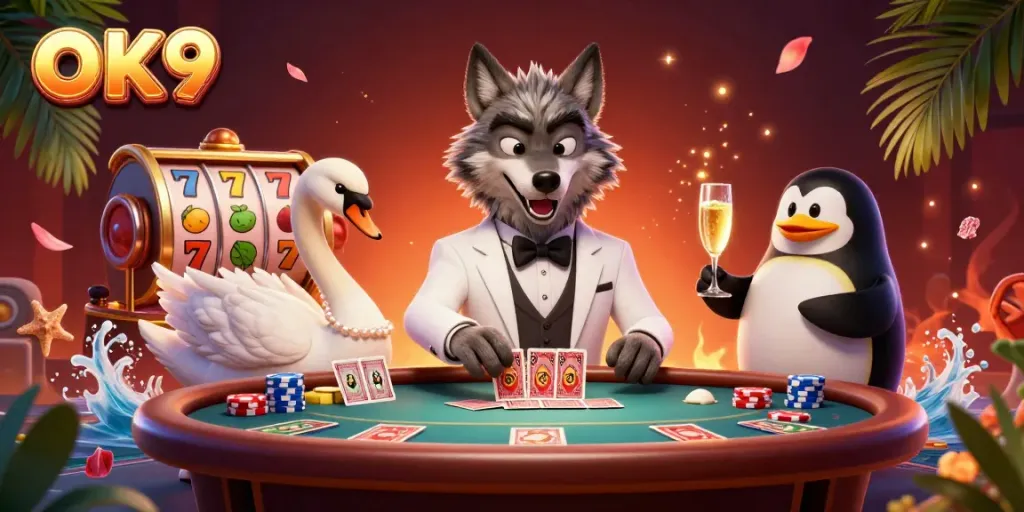 Experience the excitement of OK9 casino gaming with a vibrant scene featuring a debonair wolf and elegant characters.