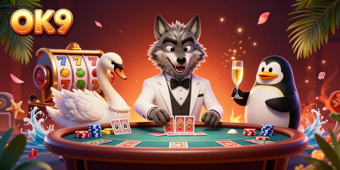 Experience the excitement of OK9 casino gaming with a vibrant scene featuring a debonair wolf and elegant characters.
