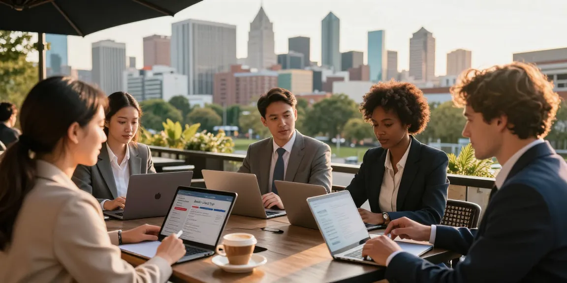 A group discussing airbnb property management strategies with city skyline backdrop during sunset