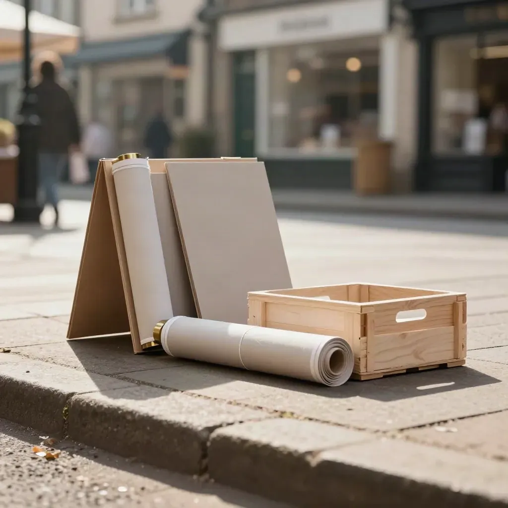 Campaign bundle on sunlit market paving with rolled posters, sign board and inserts