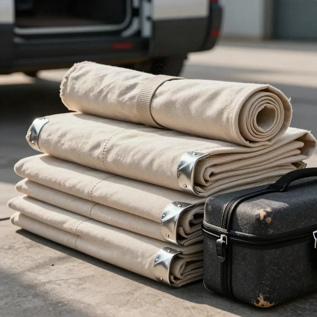 Folded stall-hire kit with canvas, metal corners, and carry case on a concrete loading bay.