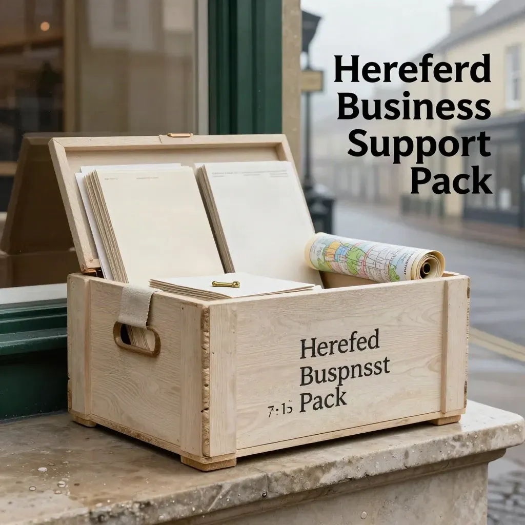 Half-open business support crate on wet limestone with folded cards and a map tube at dawn.