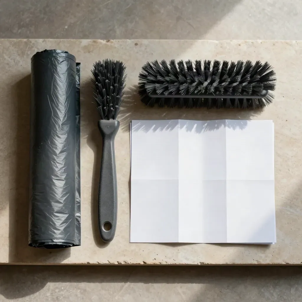 Overhead flatlay of a Clean Street Scheme pack, brush handle, refuse-bag roll and blank labels