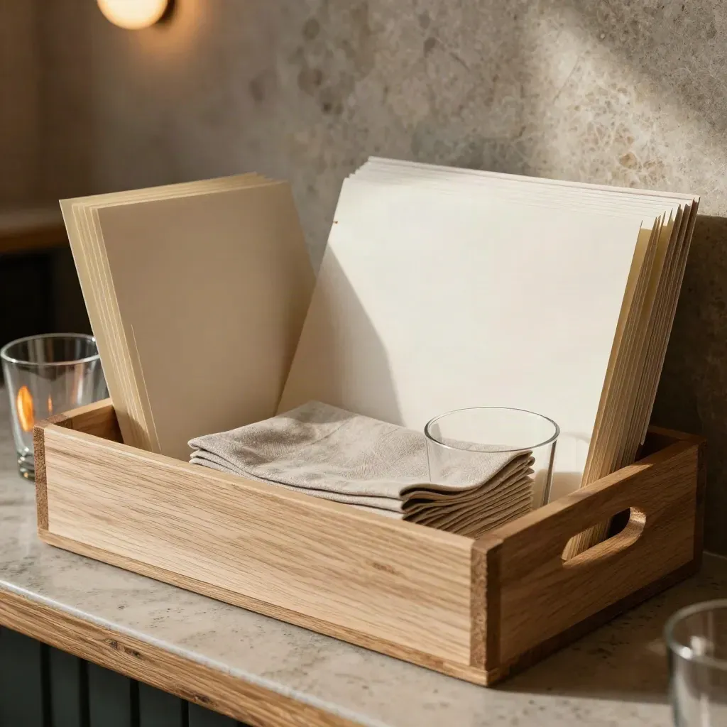 Cream hospitality promo bundle in a shallow crate with napkins, sleeves and tumblers in warm light.