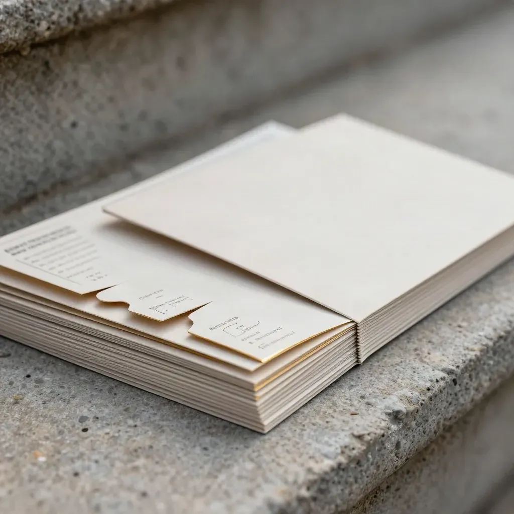 Close-up of a trail kit with folded panels, sign pieces and a blank card wallet on stone