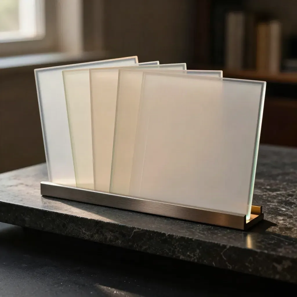 Blank window display cards, acetate sheets and slim stands fanned on dark stone in dramatic studio light.