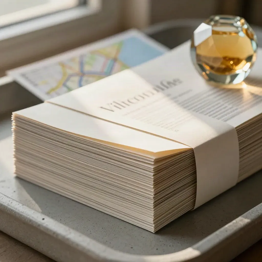 Leaflets stack with band, map sleeve and glass paperweight on cool concrete.