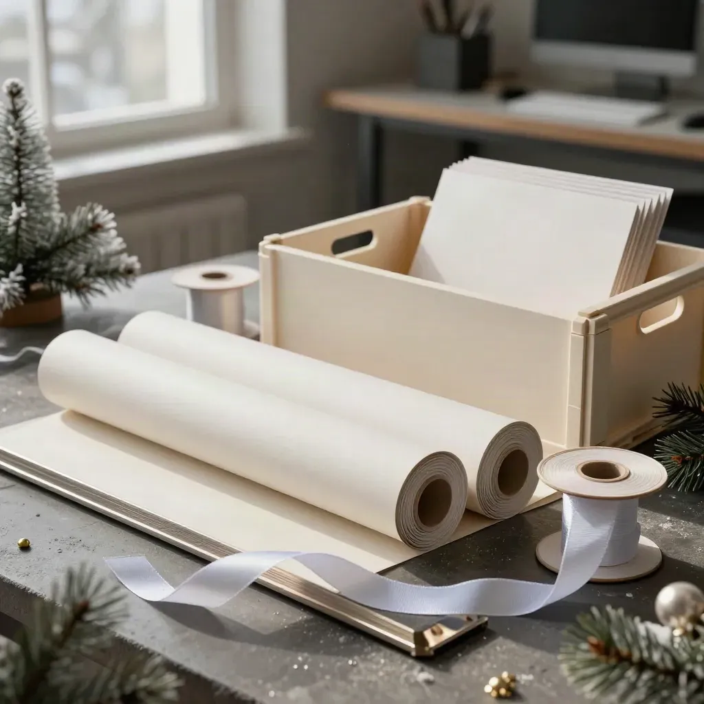 Opened Christmas Footfall Kit in a cream crate with rolls, ribbons and card stack in winter light.