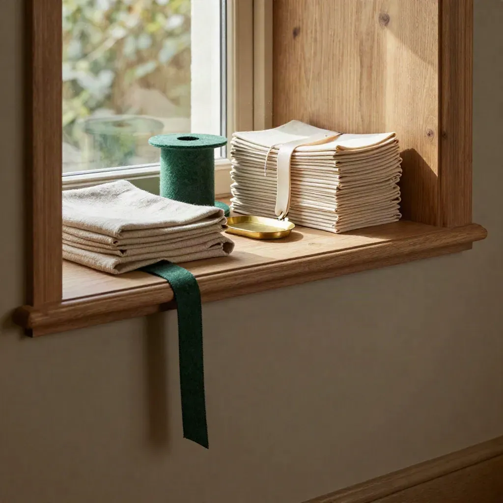 Sunlit heritage interior with folded linens, oak shelving and a quiet stone ledge.