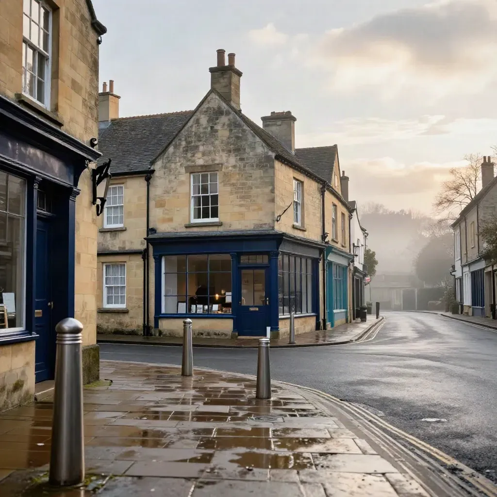 Quiet Herefordshire high street corner with pale stone facades, mist and sunlit paving.
