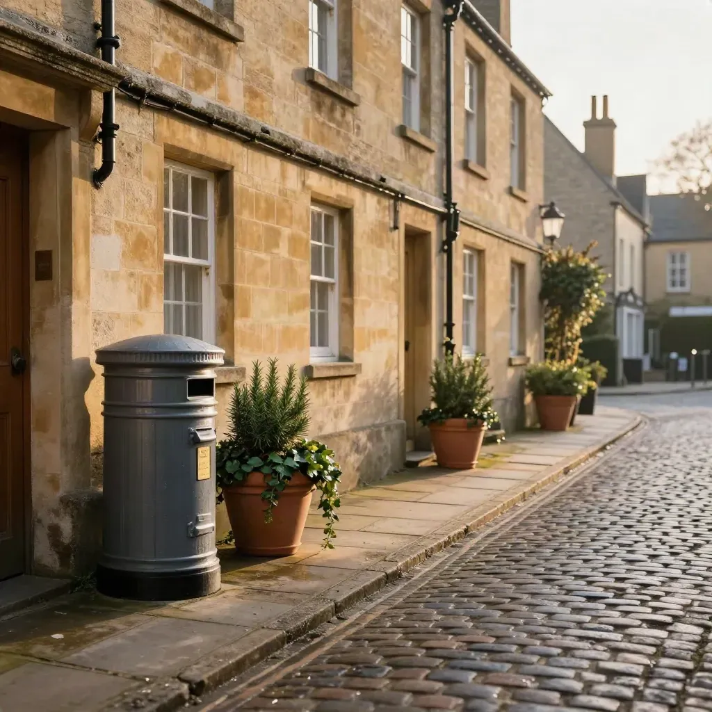 Golden cobbled lane with stone bins, planters and glowing façades under warm evening light.