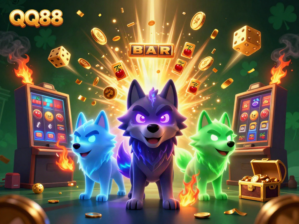 Experience thrilling casino action with QQ88's ghostly wolves, dynamic slot machines, and golden treasures.