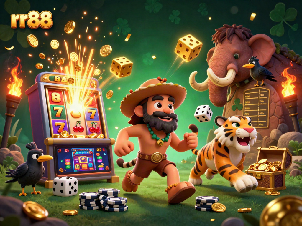 Experience thrilling moments at rr88 with a dynamic prehistoric casino scene featuring characters and games.