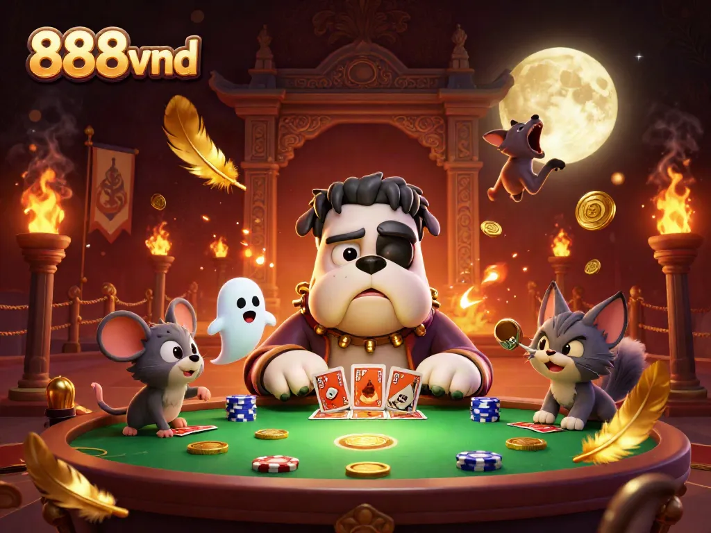Win big at 888vnd with a playful casino night featuring cartoon characters at a themed gaming table.