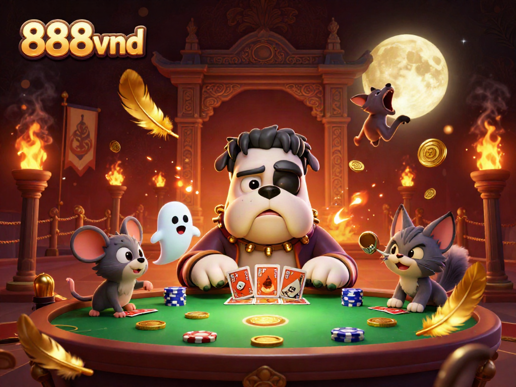 Win big at 888vnd with a playful casino night featuring cartoon characters at a themed gaming table.