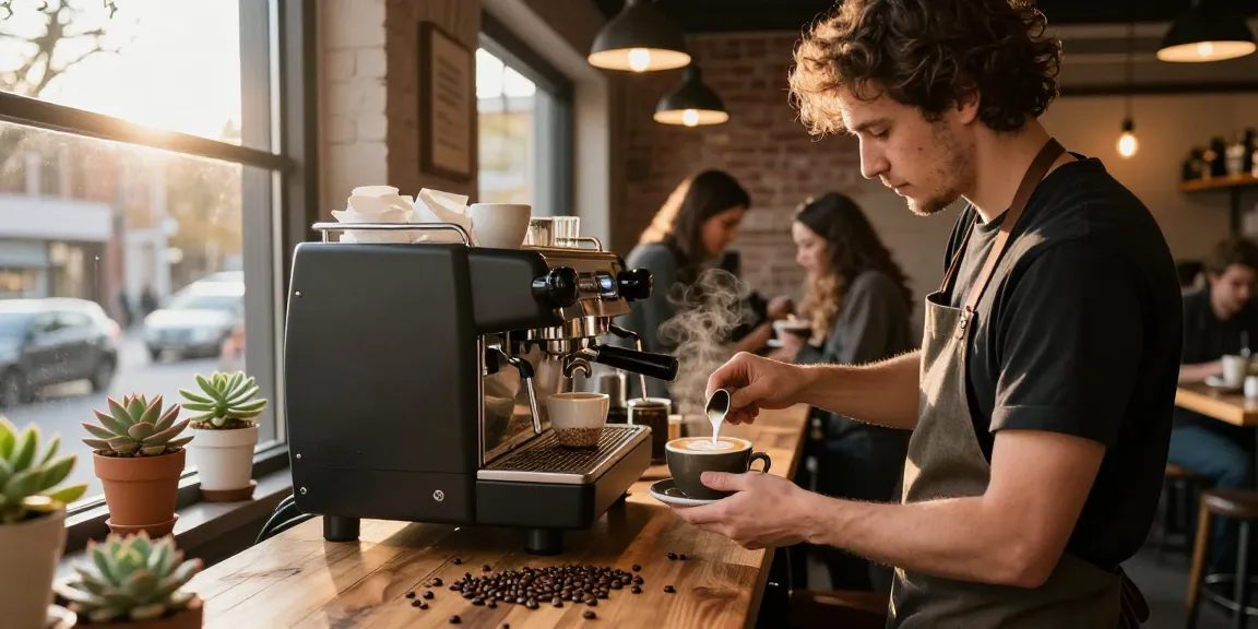 Artisan pouring latte with commercial coffee machines in a cozy café.