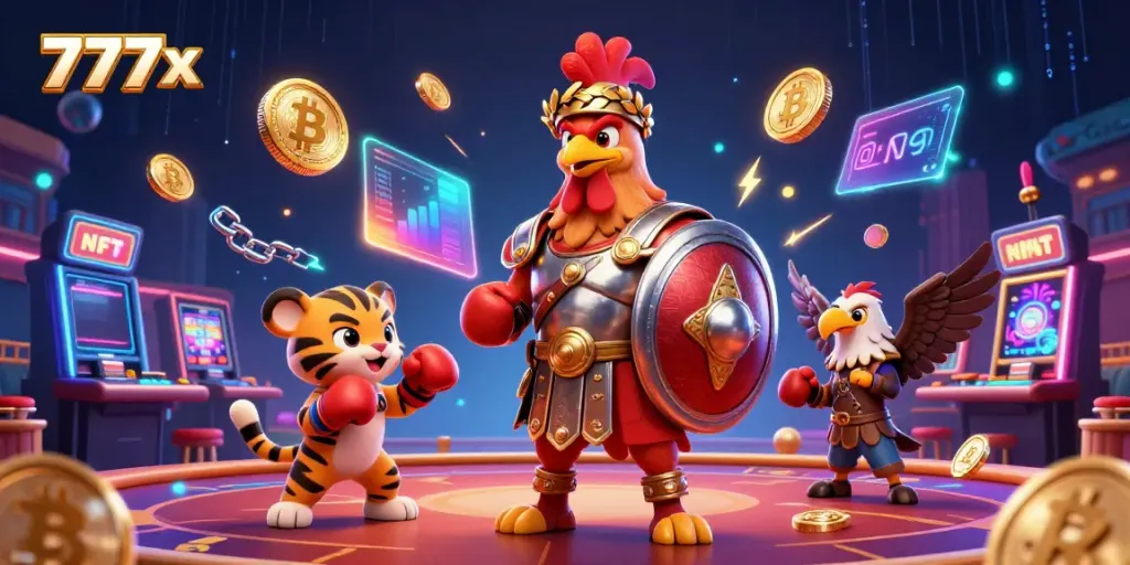 Engaging 777x casino illustration with characters in a lively gambling atmosphere and crypto elements.