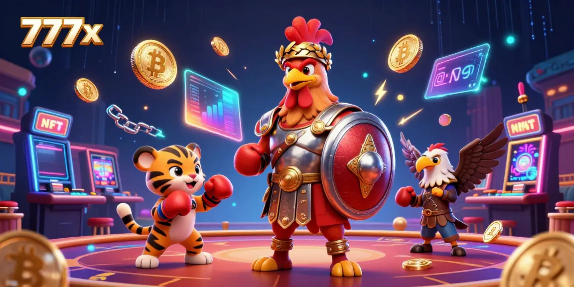 Engaging 777x casino illustration with characters in a lively gambling atmosphere and crypto elements.
