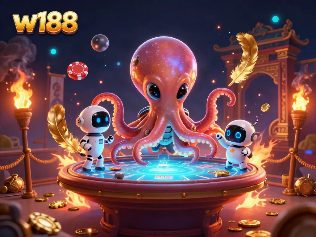 Engage with the thrilling atmosphere of w188 as an alien octopus runs an exciting poker game amidst cosmic decor.