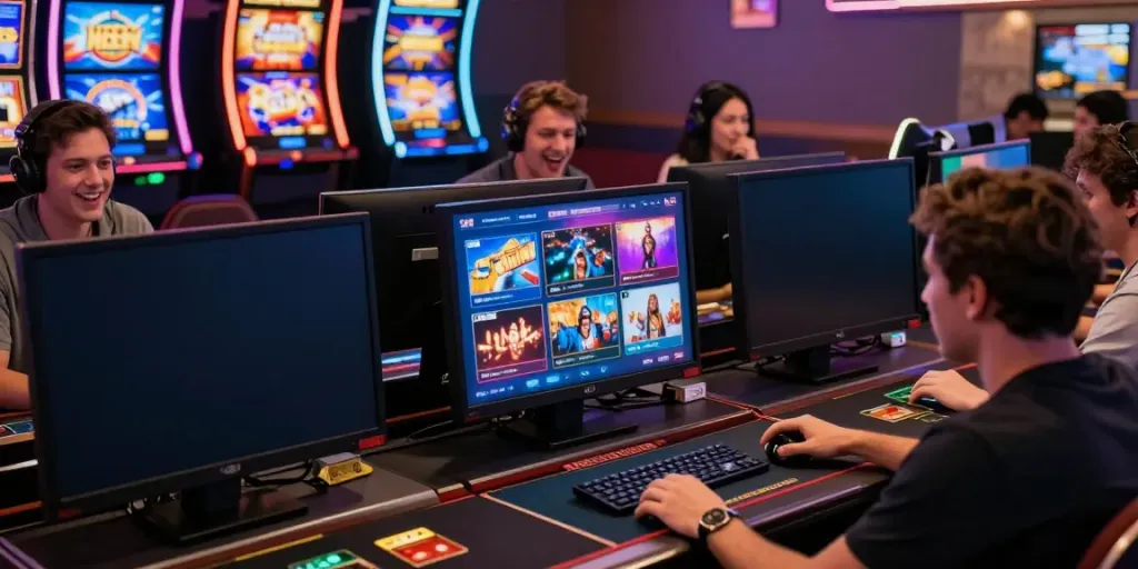 Excited players enjoying games at online casinos that take credit cards with vibrant graphics