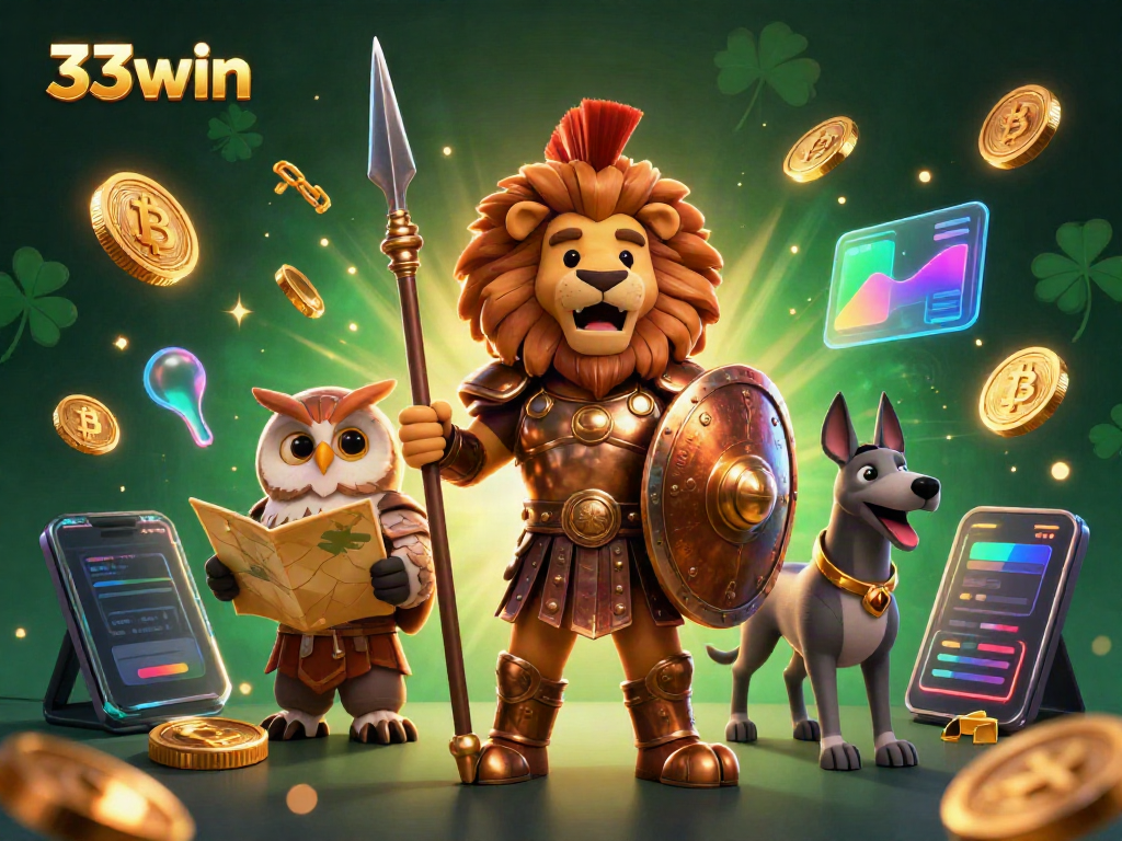Engage with 33win and experience the thrill of online gambling through a vibrant scene filled with crypto elements.