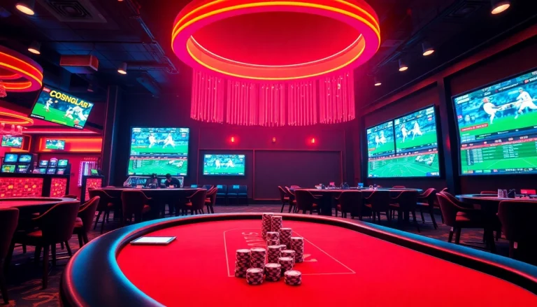 Experience the excitement of gaming at https://ii69vn.com/, showcasing vibrant casino tables and live sports screens.