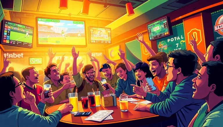 Energetic sports betting scene with fans enjoying a Thabet win celebration.