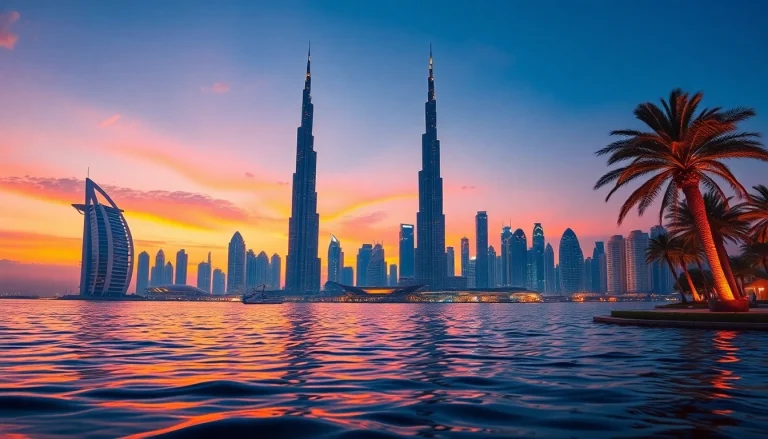 Stunning skyline views as you travel to Dubai, showcasing iconic buildings at sunset.