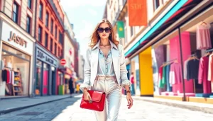 A stylish woman confidently walking in urban Women Fashion, showcasing modern trends against vibrant boutiques.