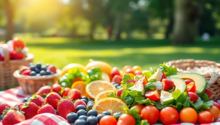 Enjoy a colorful outdoor picnic featuring a variety of healthy food options like vibrant fruits and fresh salads.