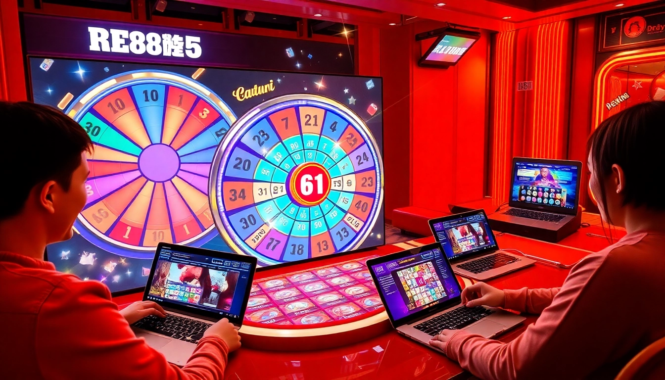 Experience the thrill of Xổ Số FB88 as players engage with virtual lottery games, surrounded by a vibrant casino atmosphere.