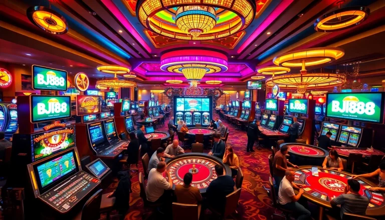 Experience the thrill of BJ88 casino games with players enjoying roulette and poker tables, illuminated by vibrant lights.