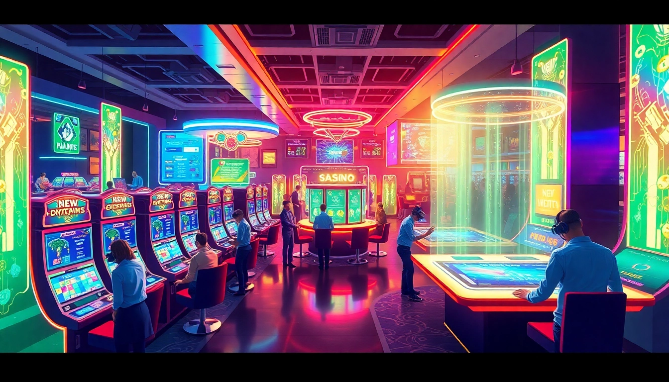Players exploring New Technology at a futuristic casino with digital interfaces.
